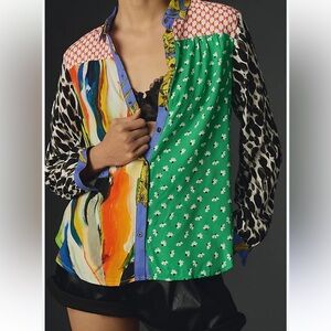 K08. Anthropologie MAEVE The Paz Contrast Button Down Shirt Top GREEN MULTI
